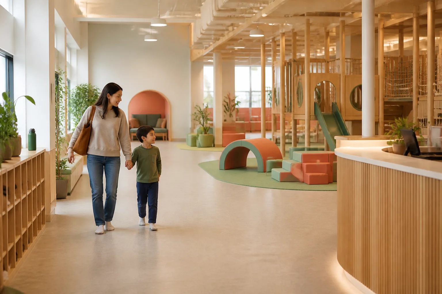 Arriving by a clear step-free route, with spacious circulation and a quiet corner visible.
