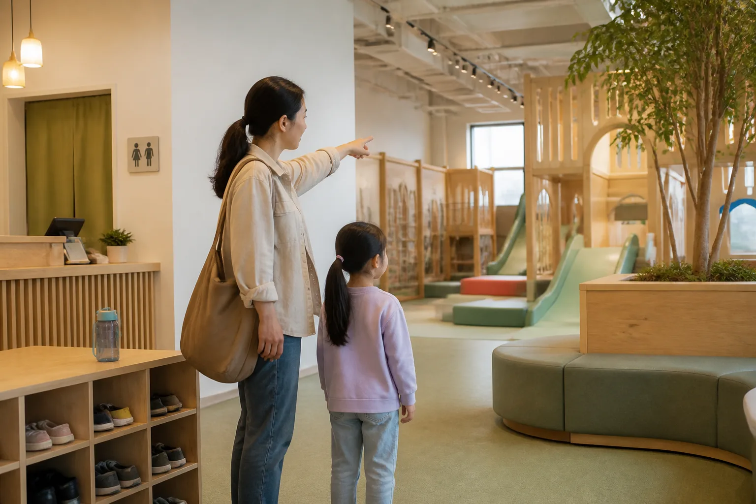 An adult calmly checking the route between the entrance, washroom sign, and activity area.