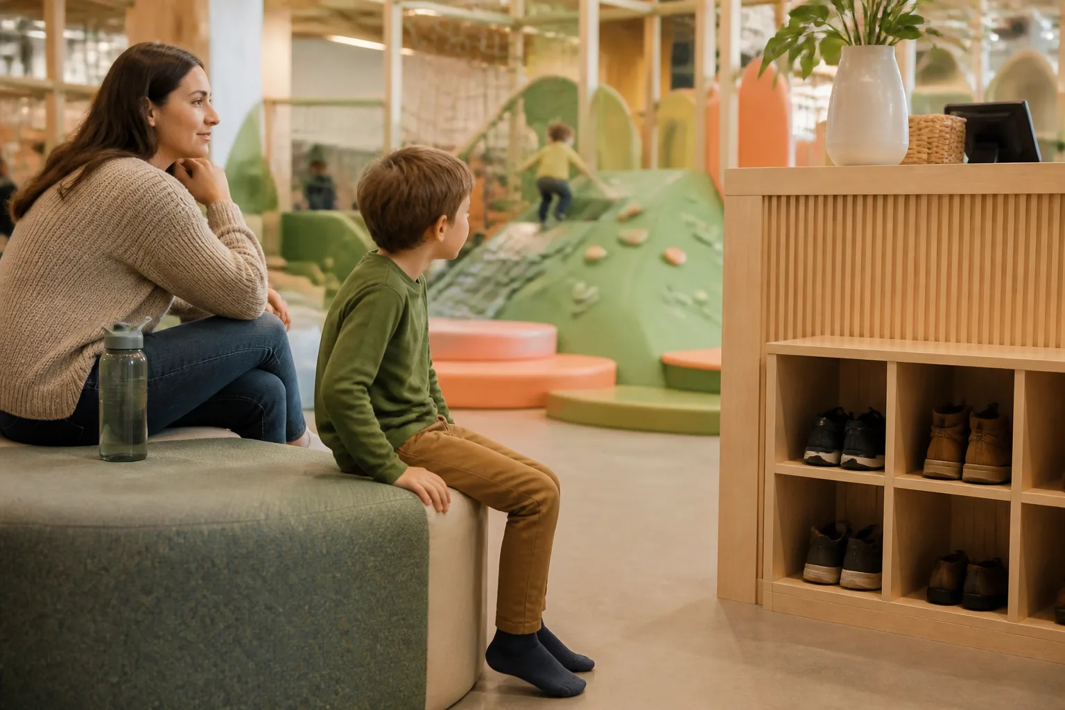 The child taking a quiet break at the edge while remaining connected visually to the activity.