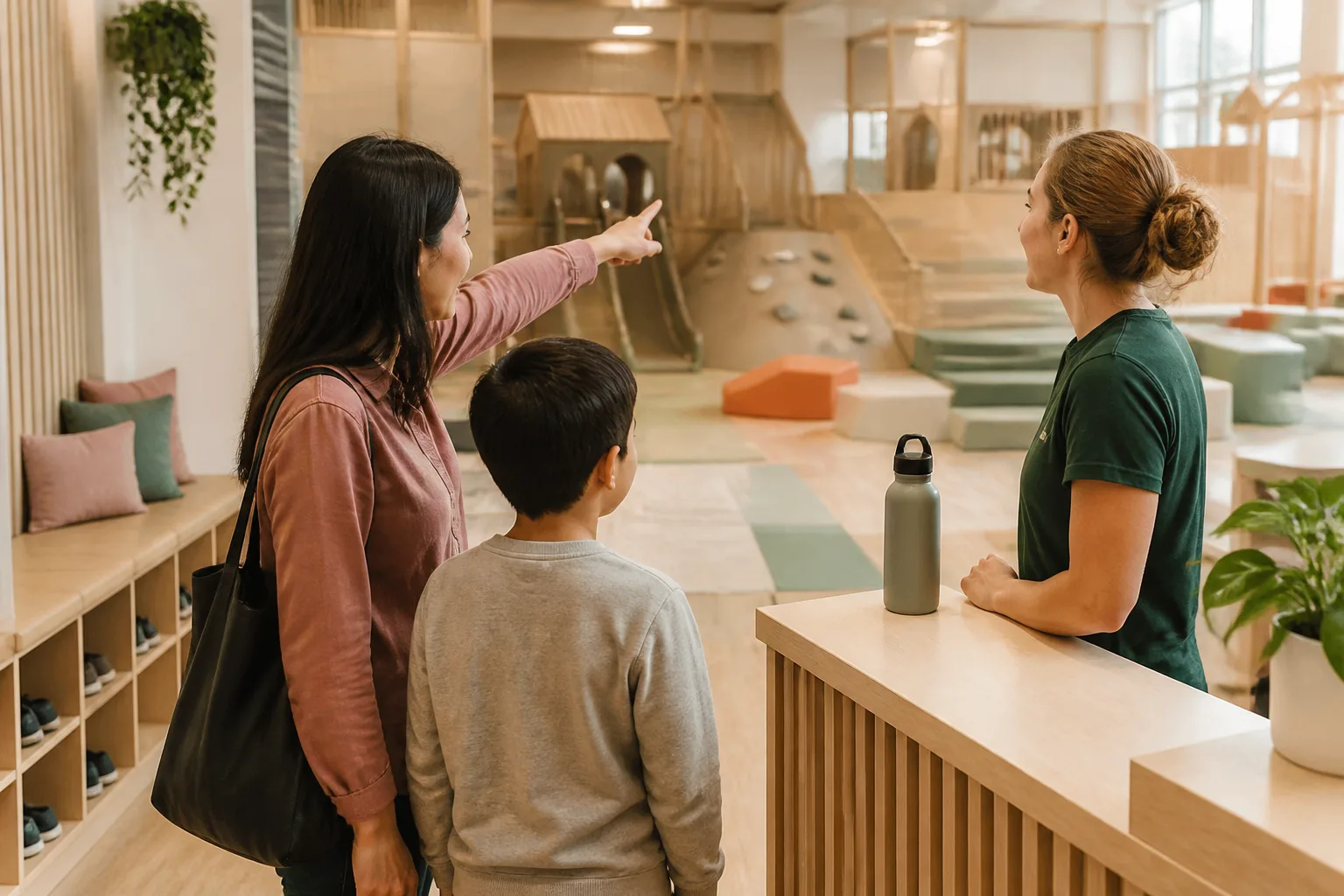 The adult speaking with the instructor and pointing to the activity setup.