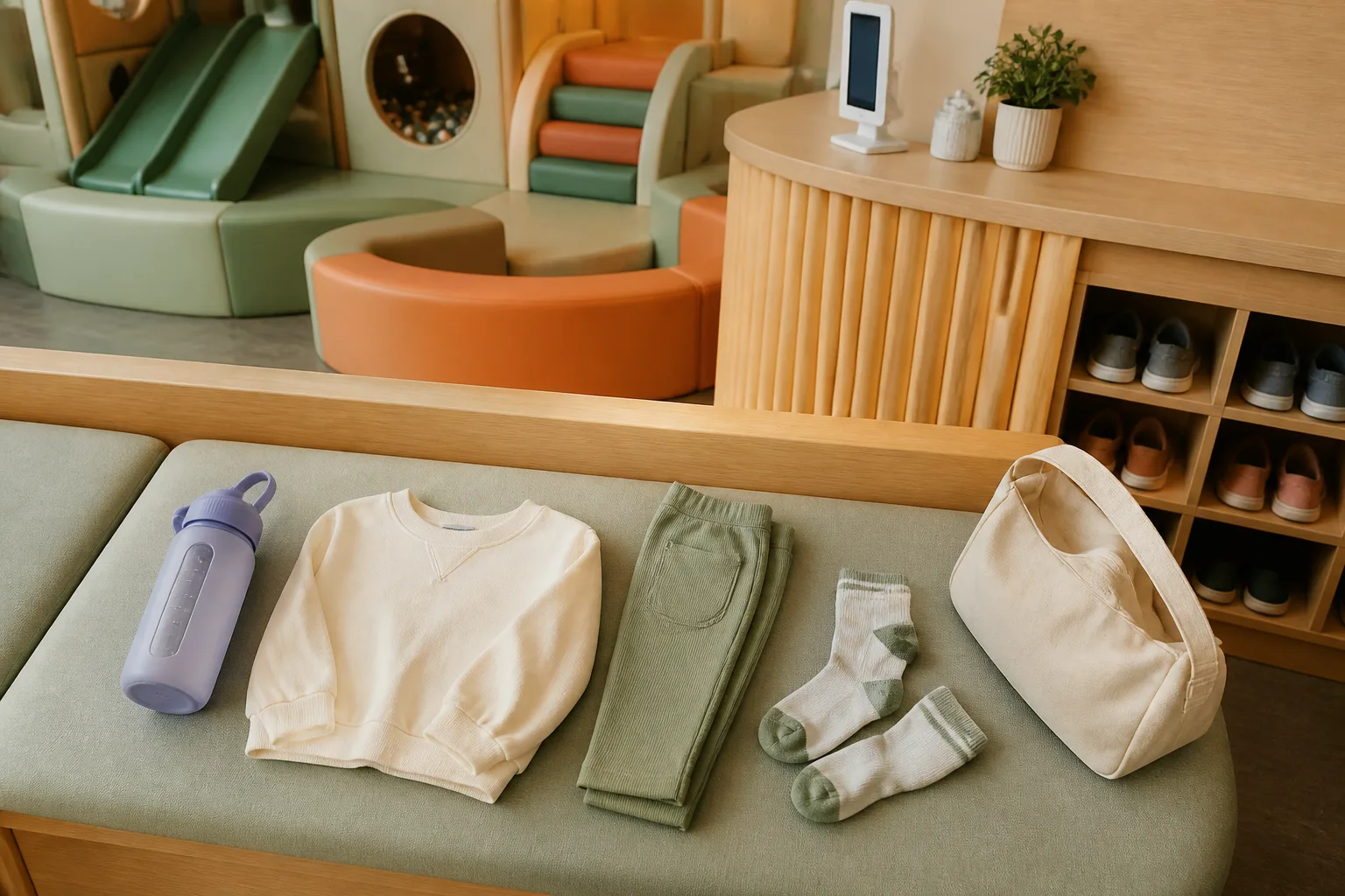 Laying out the few relevant items needed for the visit in a tidy, realistic arrangement.
