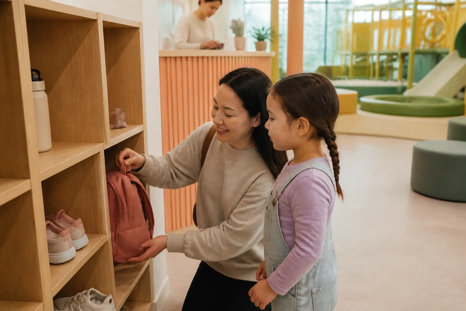 Placing personal belongings in the designated storage area before the activity.