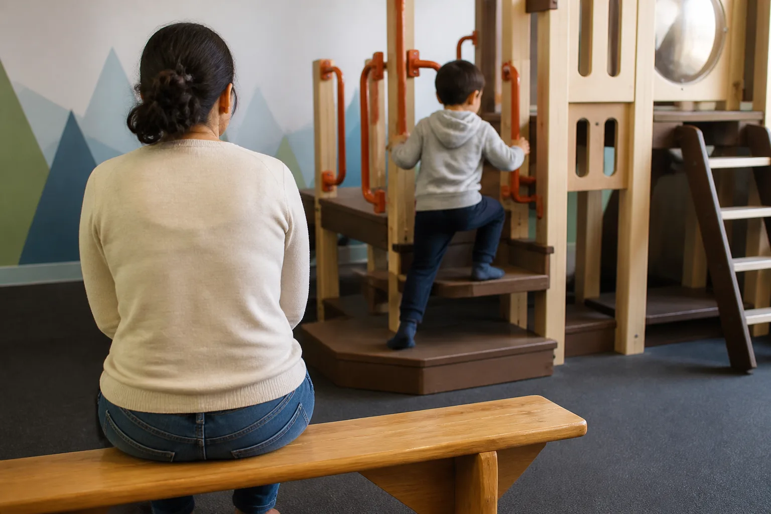 Caregiver seating with a clear view of a child playing.