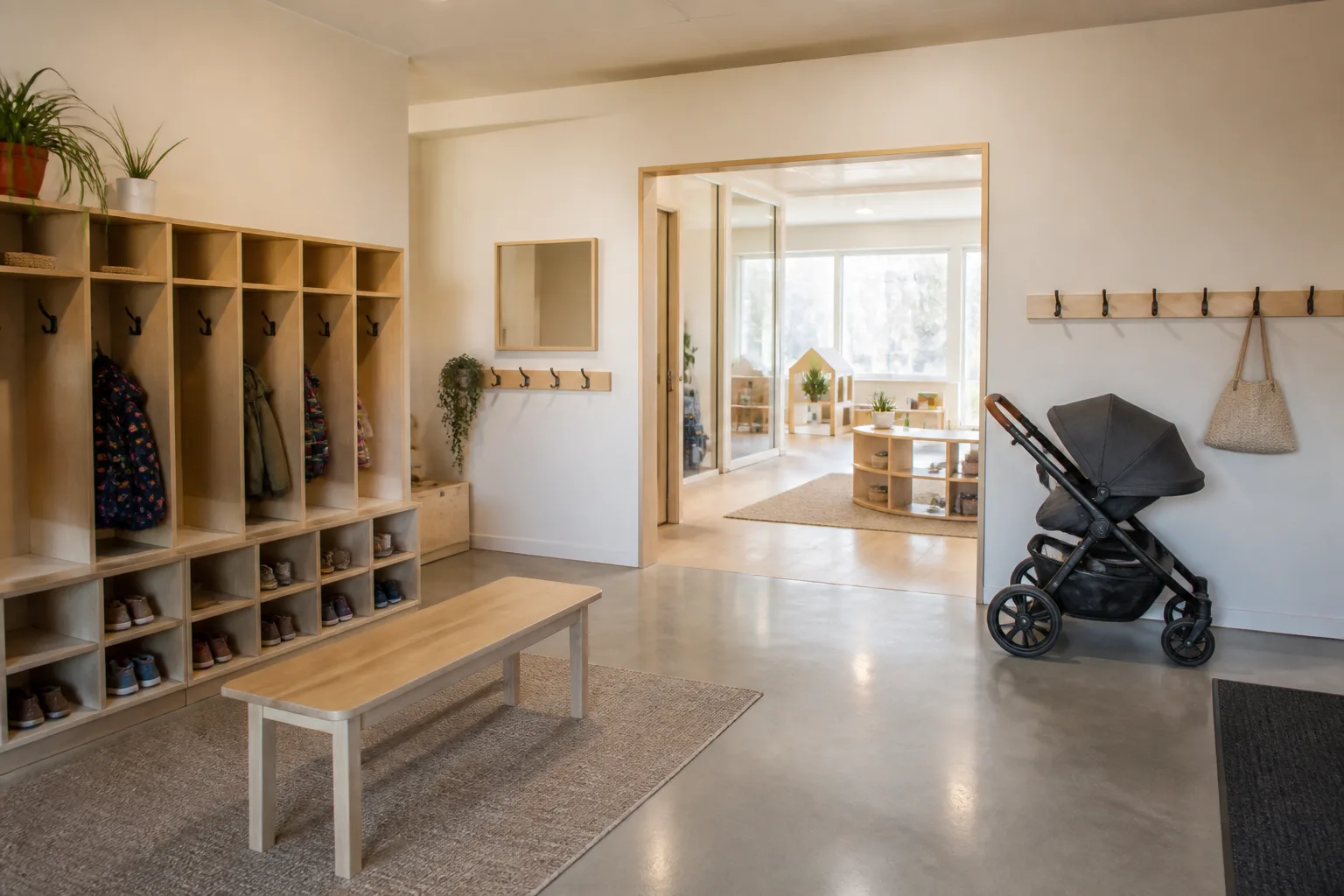 Arrival area with cubbies, a bench and a clear walkway.