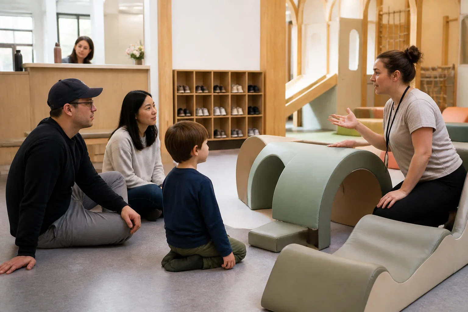Taking part in a guided small-group moment with the instructor clearly leading.