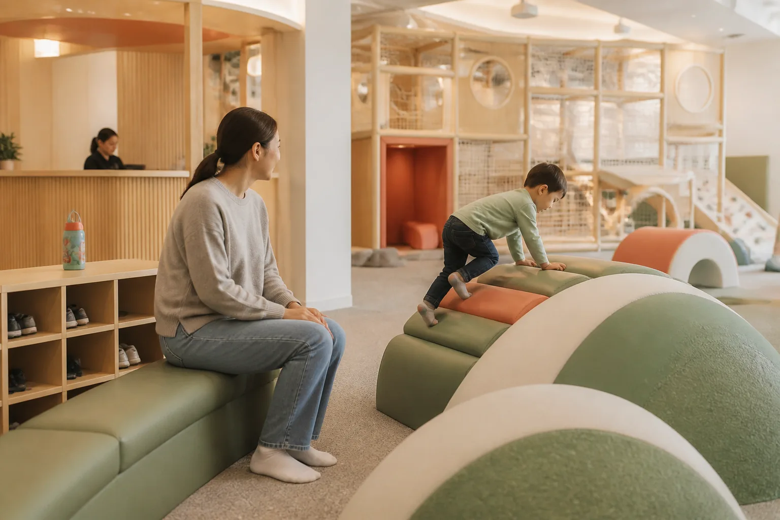 Making an individual choice within an open activity area while the adult stays nearby.