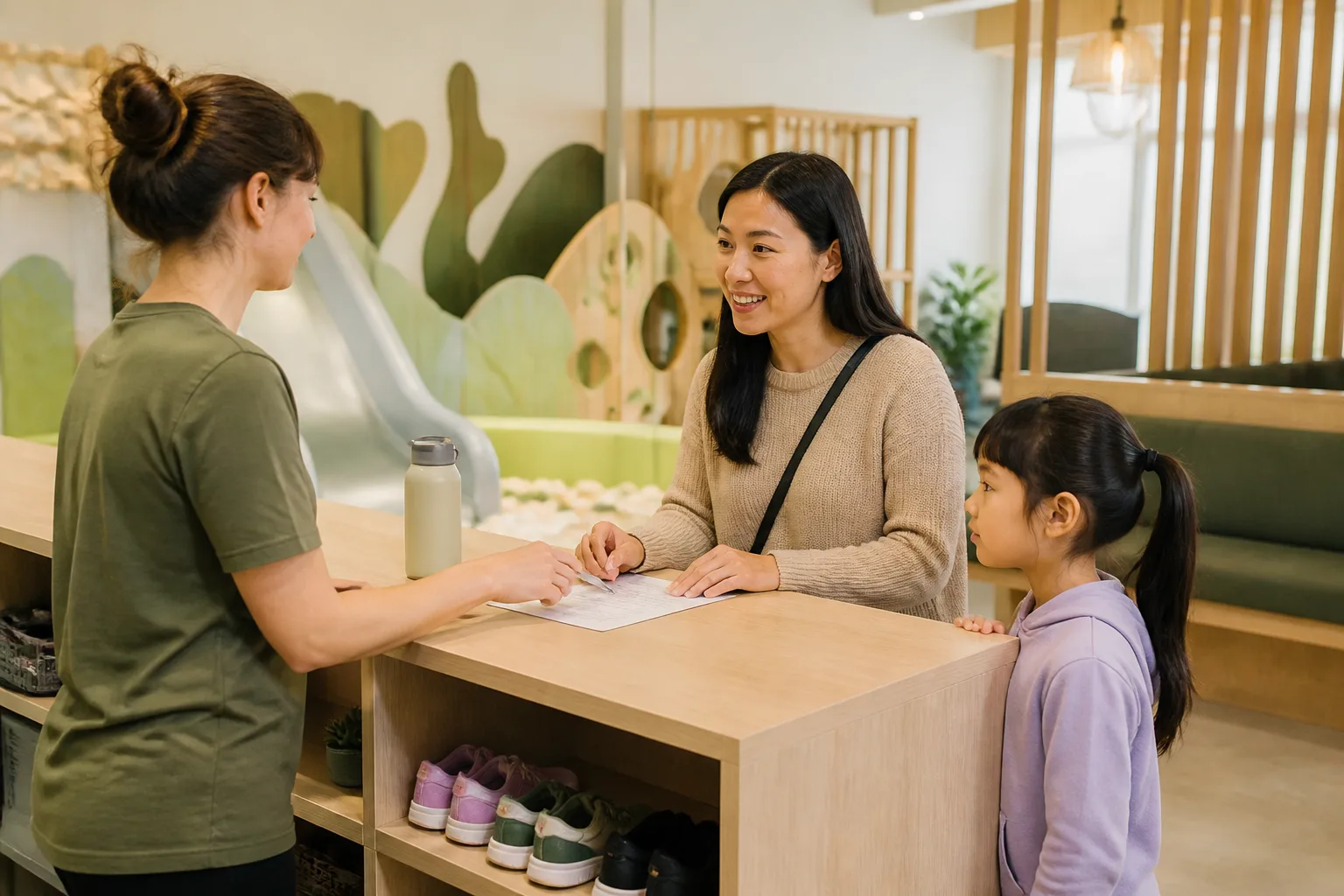 The adult confirming package scope with a staff member while the child waits nearby, no payment details visible.