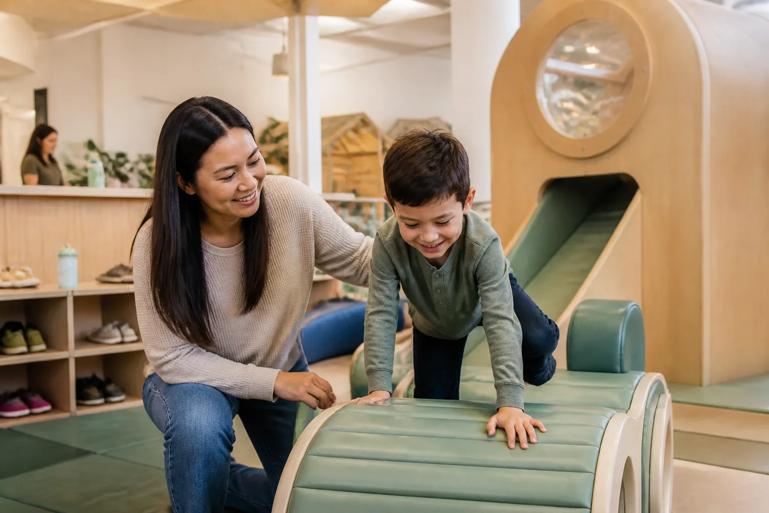 Participating in the central activity at a comfortable beginner pace.