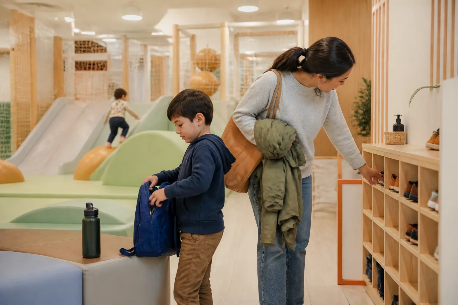 Collecting belongings or finished work at the end while the adult checks the area.