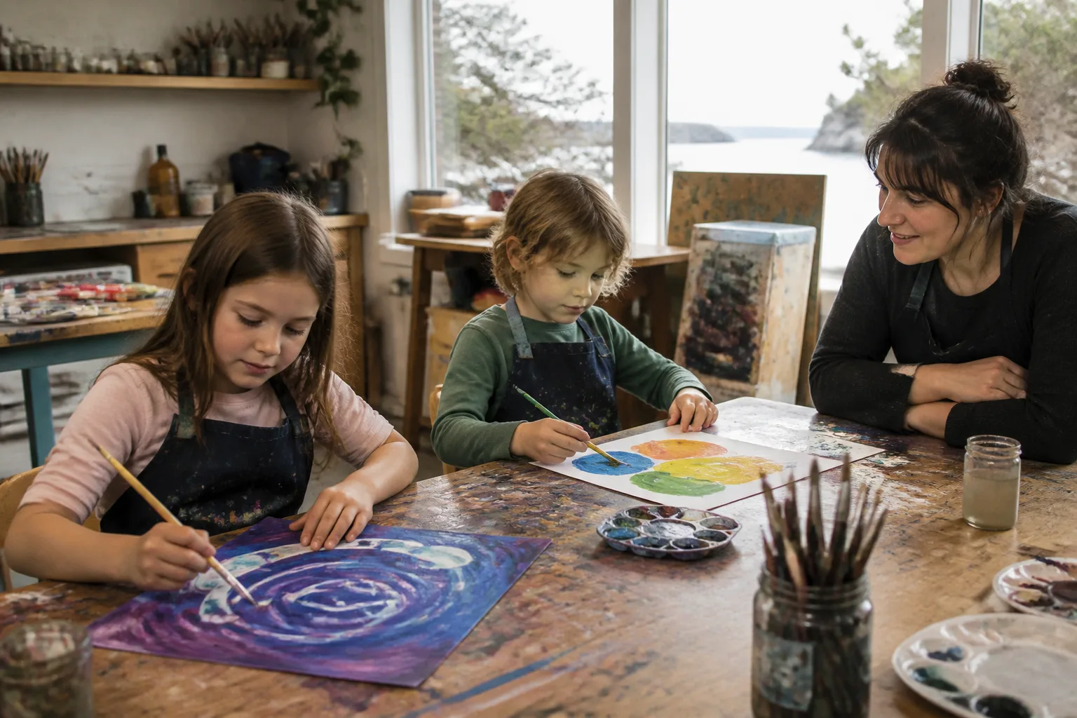 Children working on individual paintings in an art class.