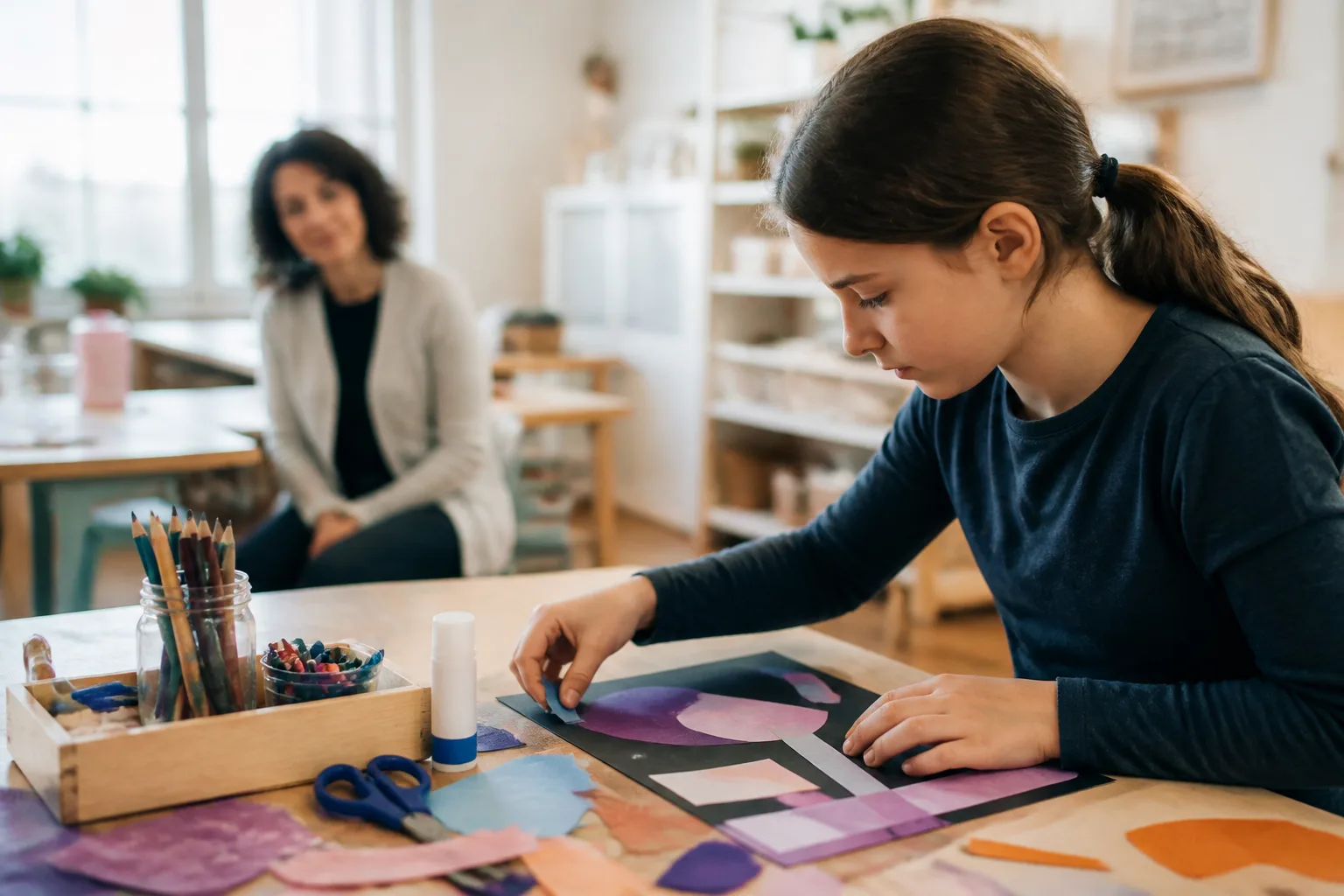 A child exploring a paper collage independently.