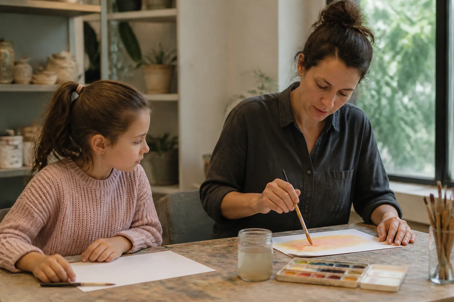Instructor demonstrating a paint wash beside a child’s workspace.