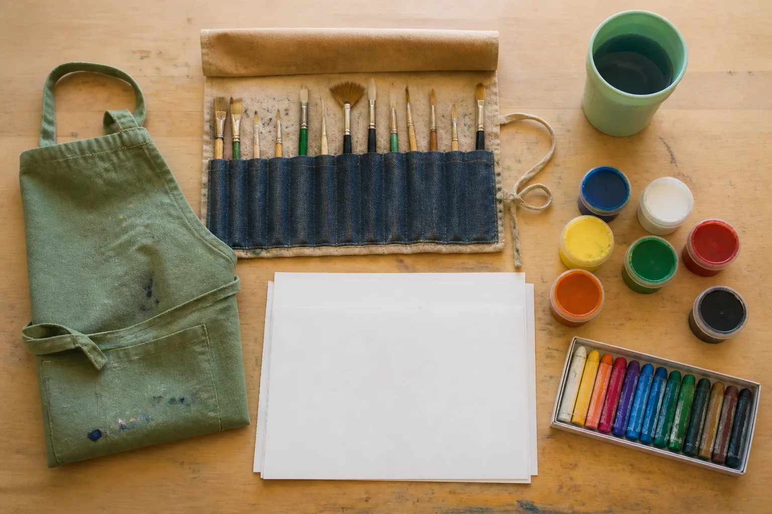 Art materials arranged on a classroom table.