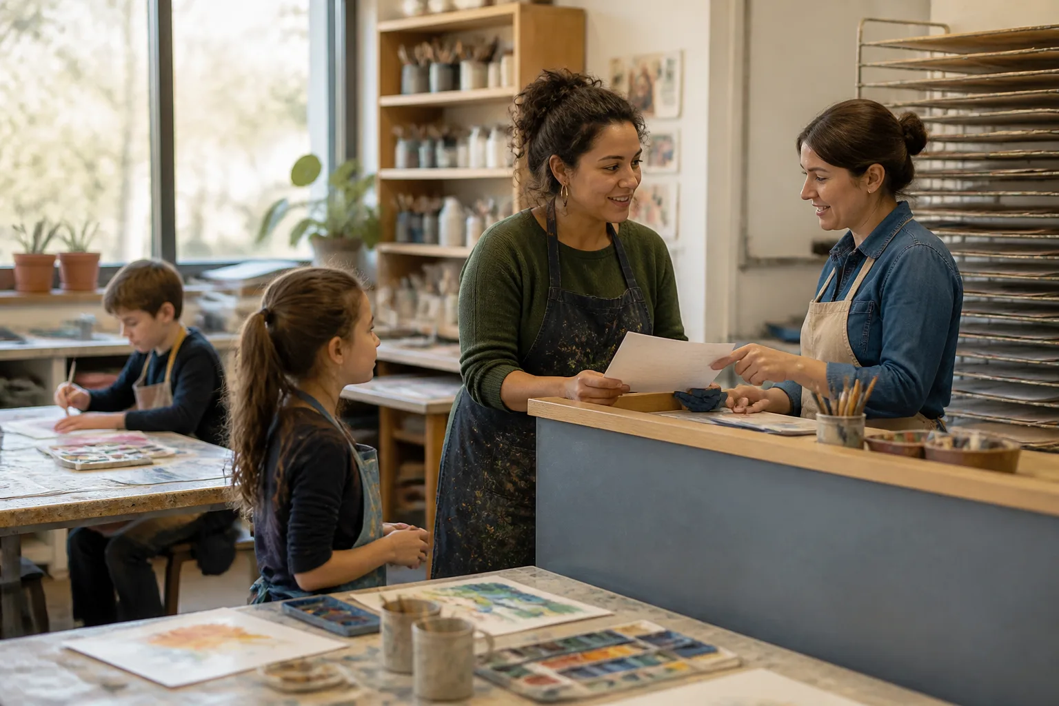 The adult confirming package scope with a staff member while the child waits nearby, no payment details visible.