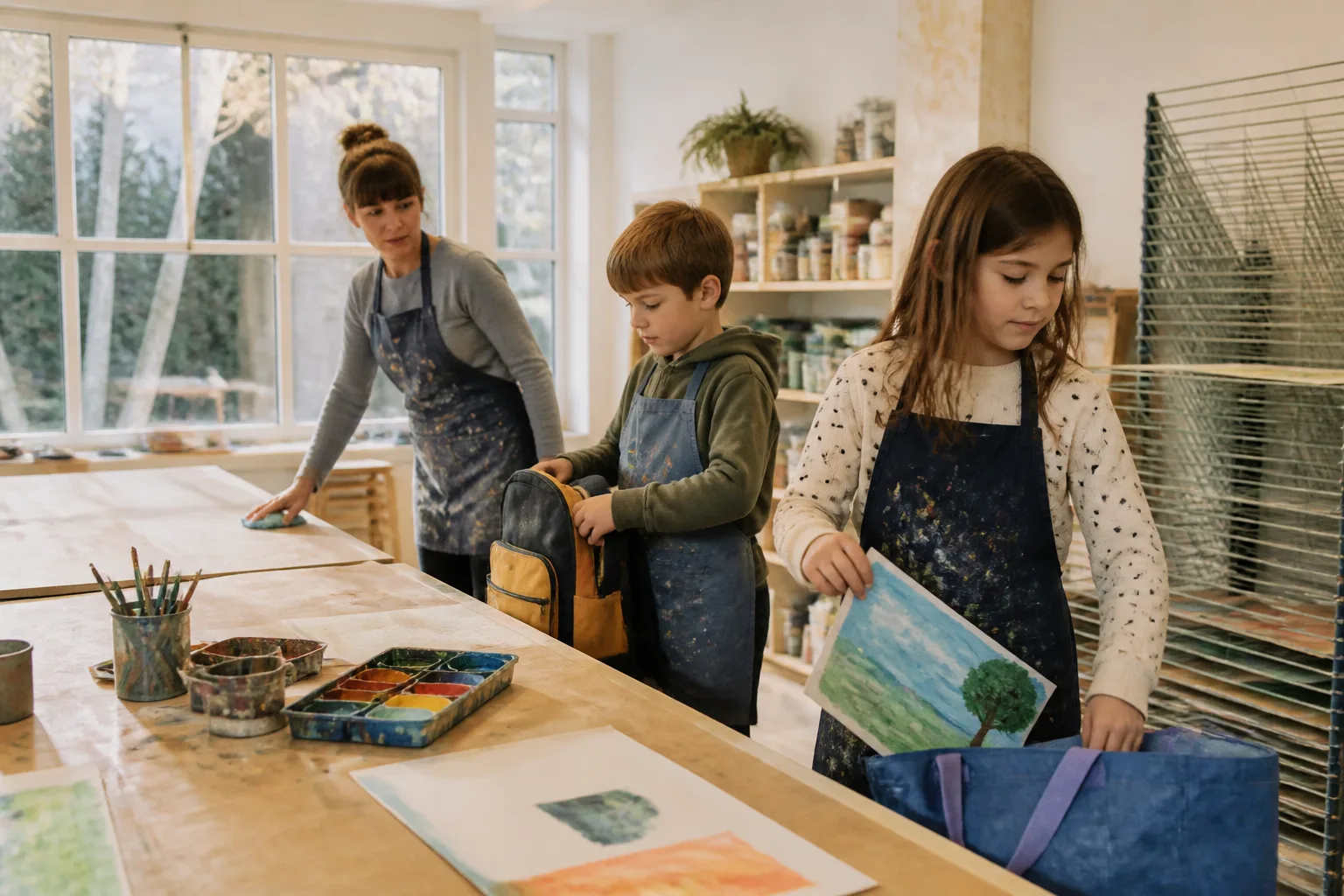 Collecting belongings or finished work at the end while the adult checks the area.