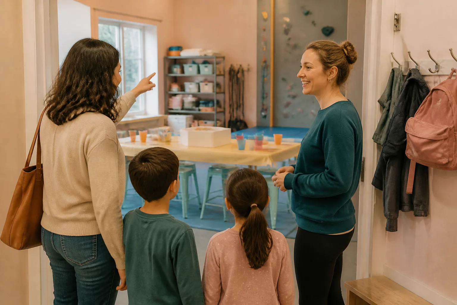 The adult speaking with the instructor and pointing to the activity setup.