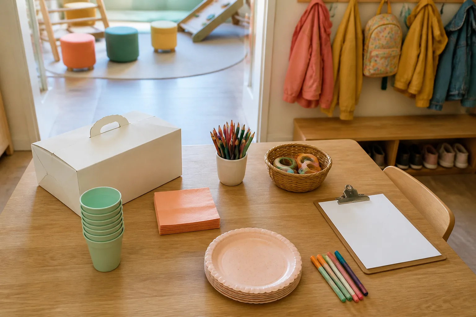 Laying out the few relevant items needed for the visit in a tidy, realistic arrangement.