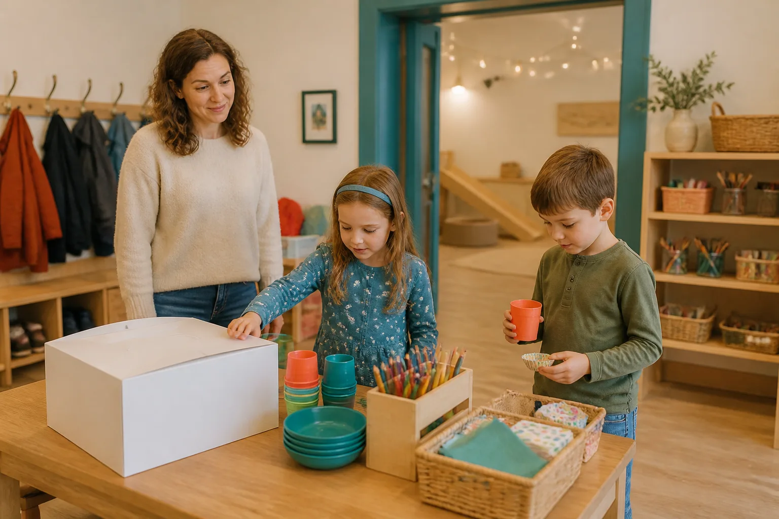 Making an individual choice within an open activity area while the adult stays nearby.