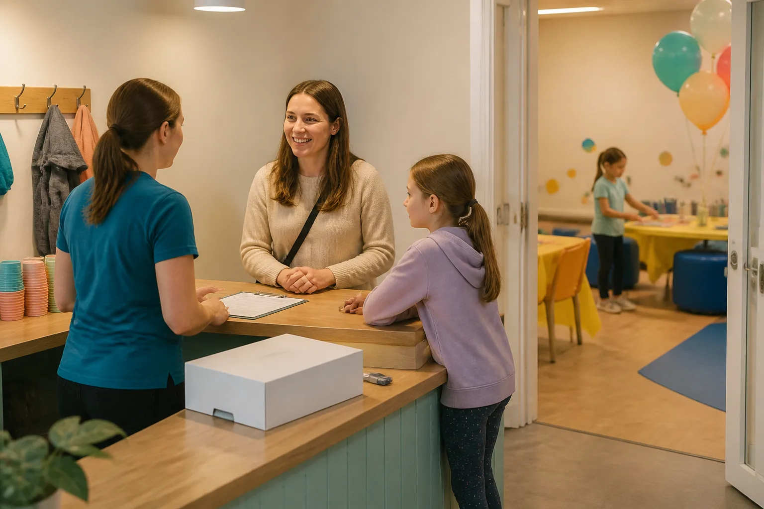 The adult confirming package scope with a staff member while the child waits nearby, no payment details visible.