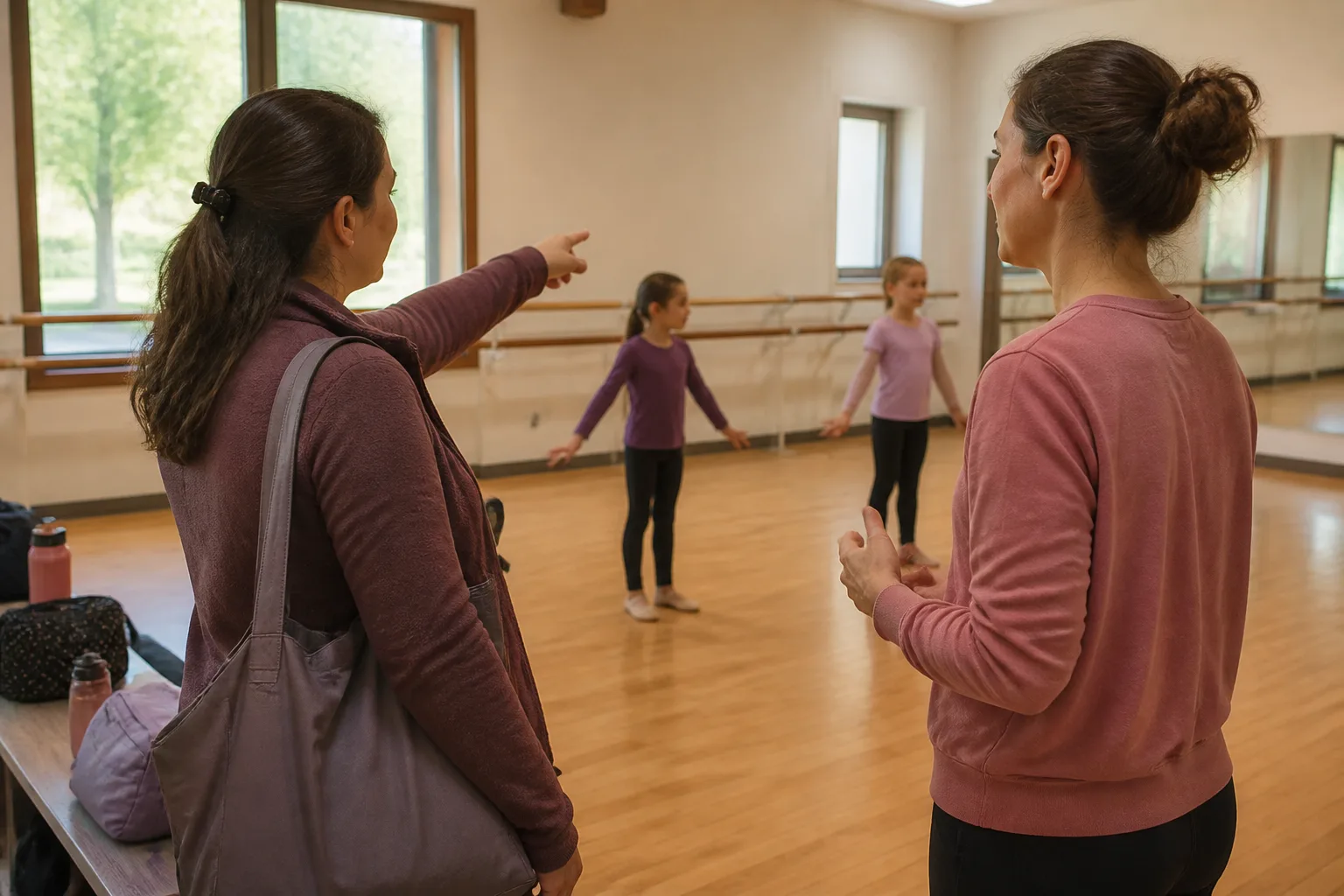 The adult speaking with the instructor and pointing to the activity setup