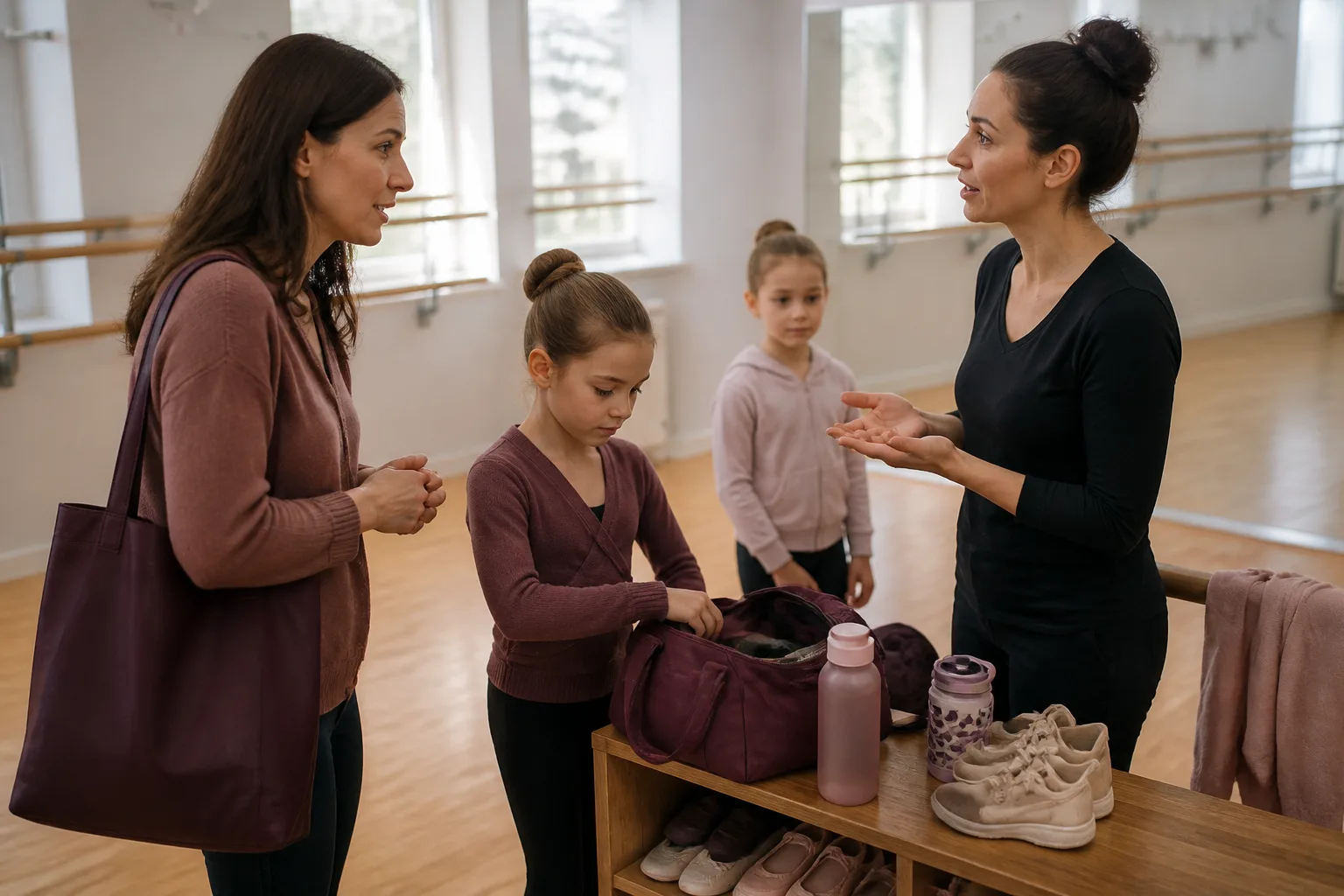 The adult asking the instructor about the session while the child looks at the available materials or apparatus.