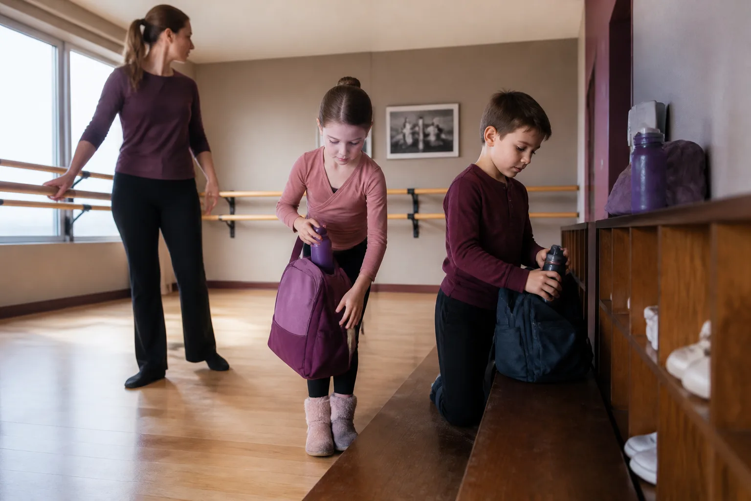 Collecting belongings or finished work at the end while the adult checks the area.