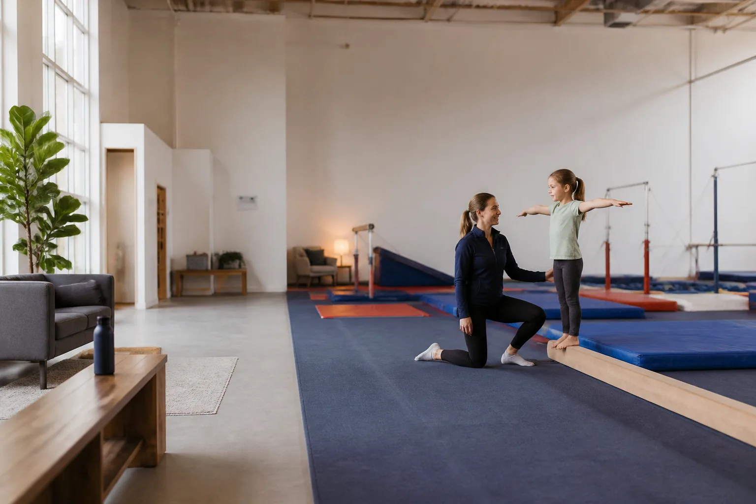 Arriving by a clear step-free route, with spacious circulation and a quiet corner visible.