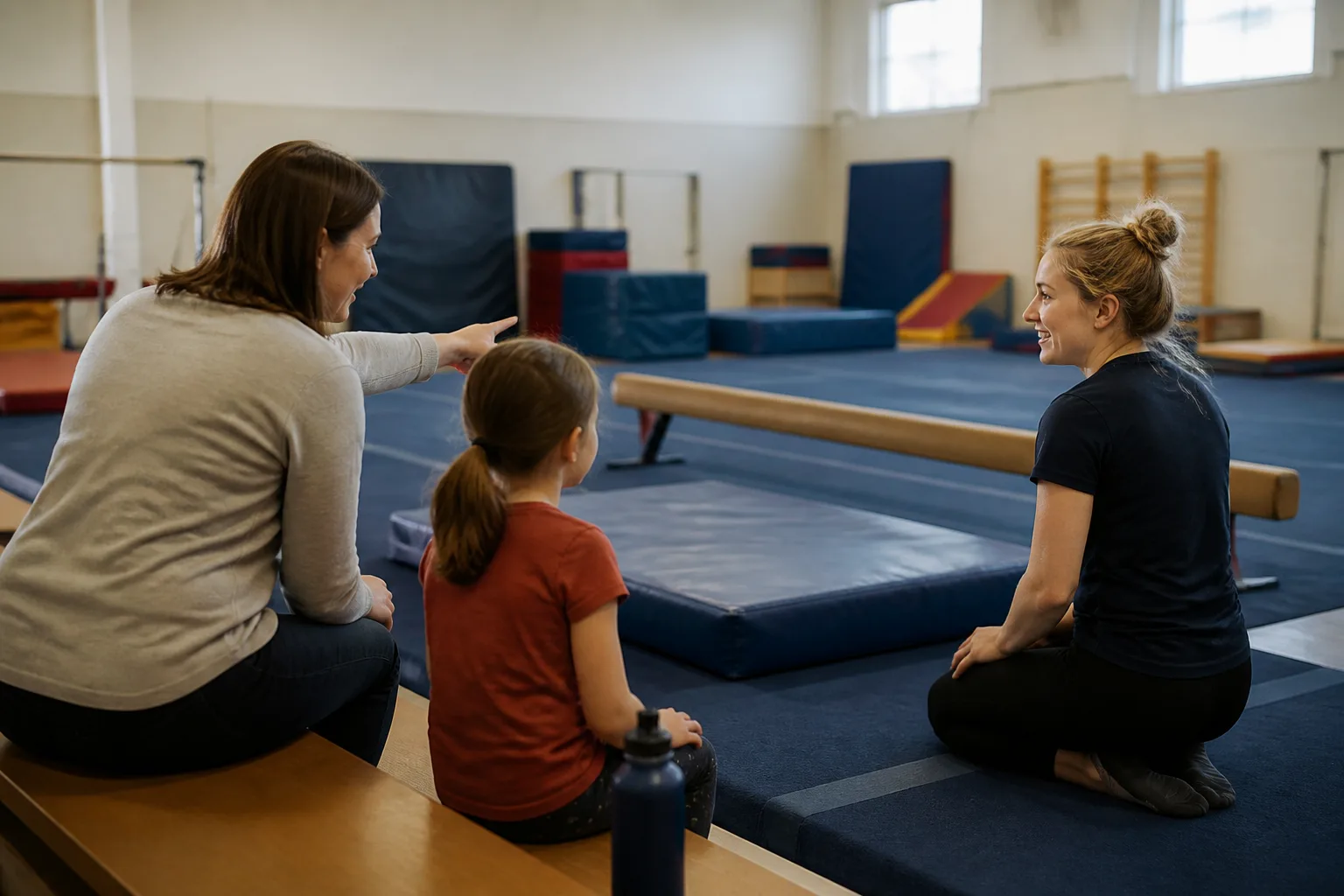 The adult speaking with the instructor and pointing to the activity setup