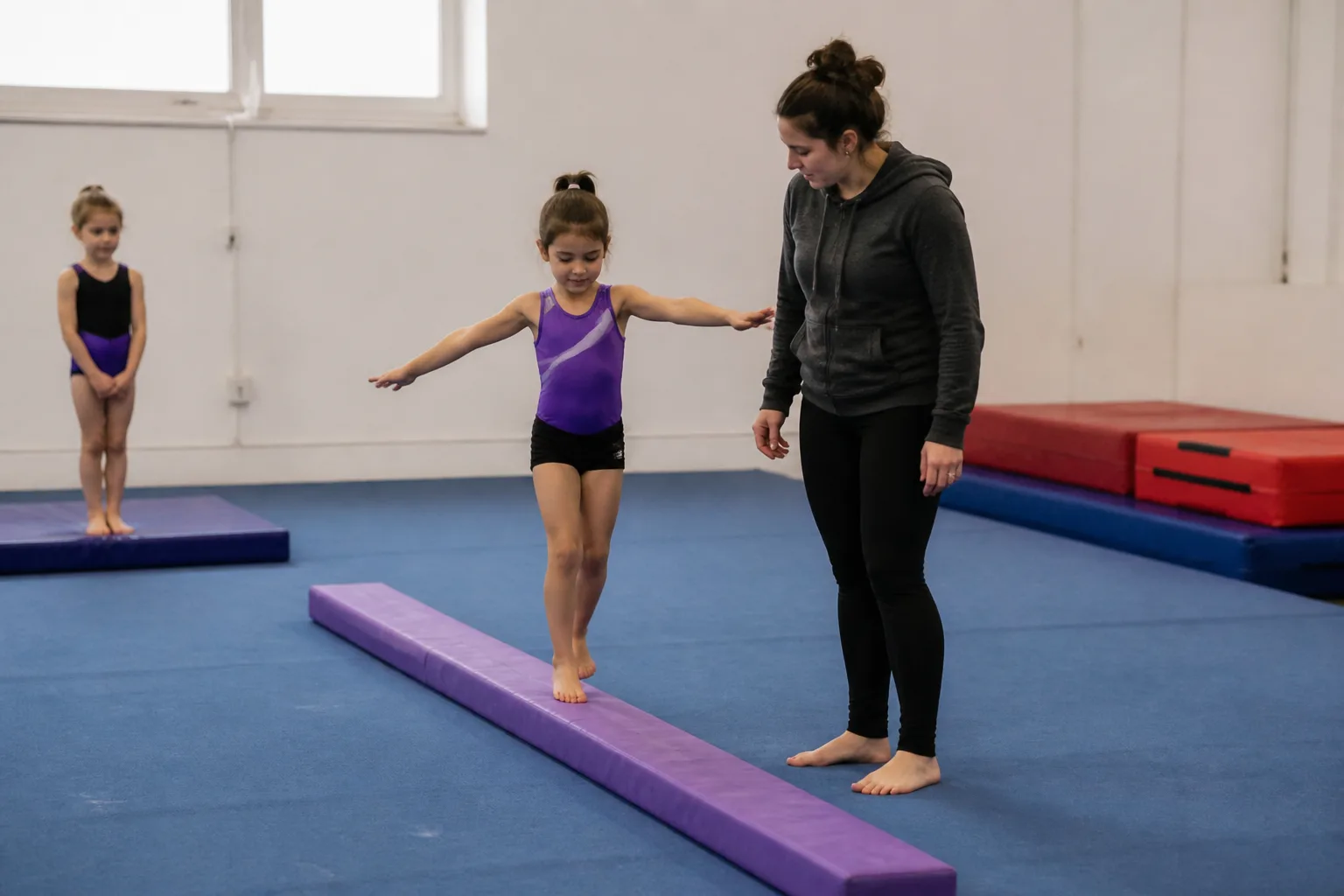A coach accompanying a child on a floor-level balance activity.
