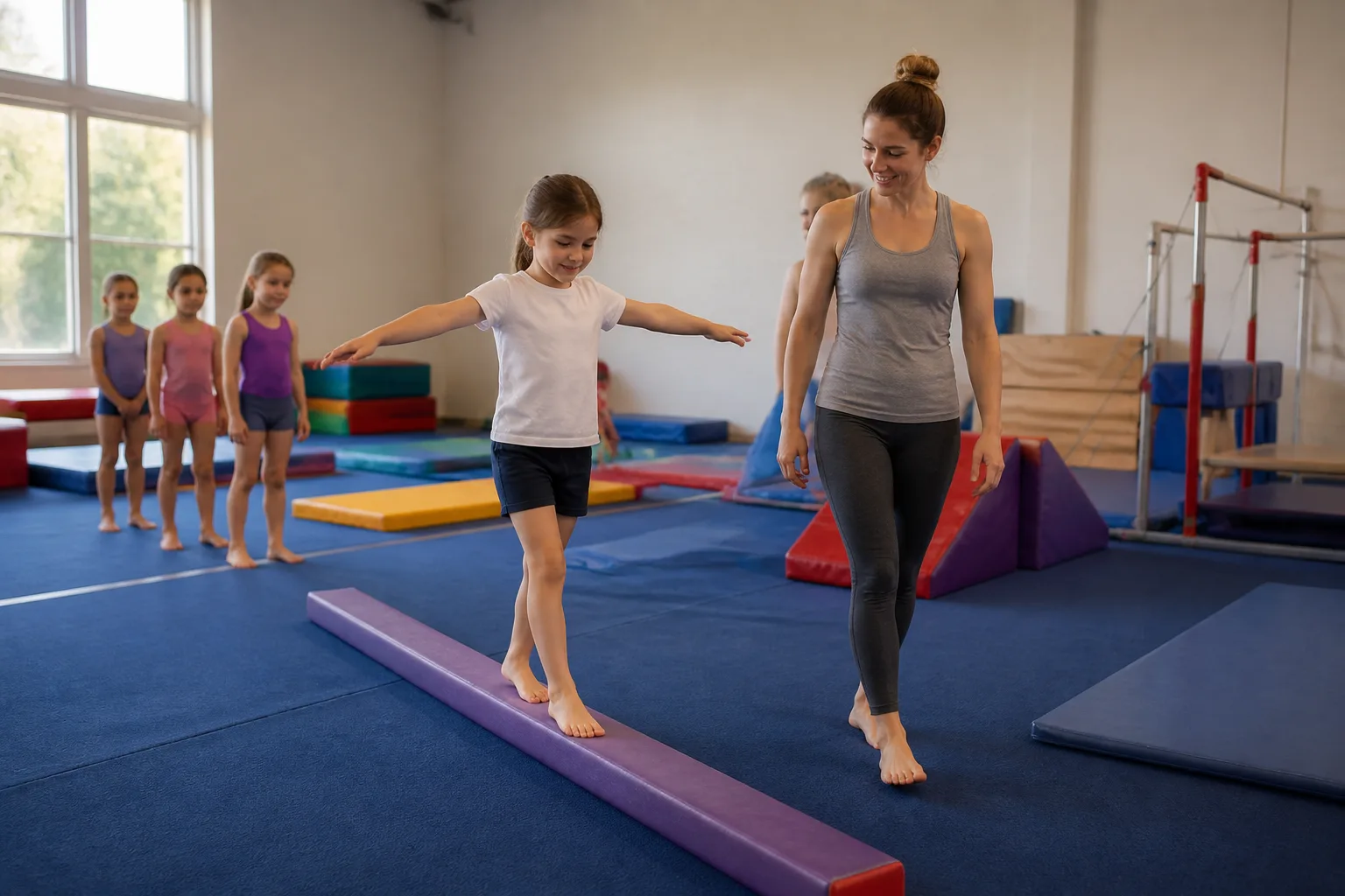 Child practising balance beside a gymnastics coach.