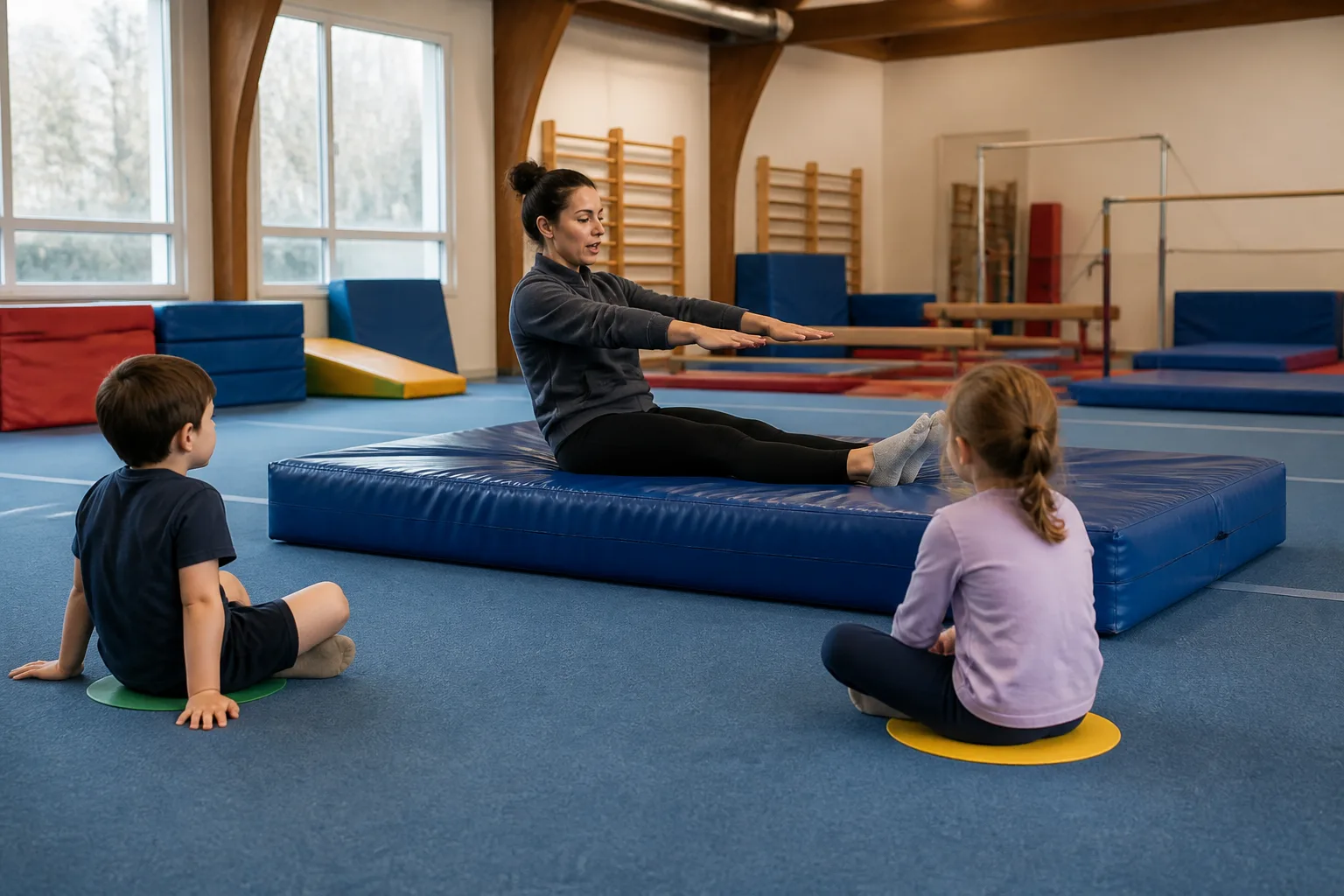 Children watching a coach demonstrate a landing position.