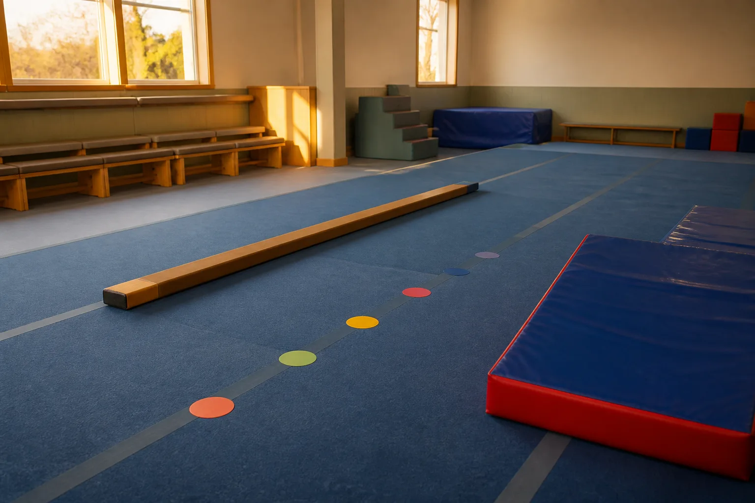 Low gymnastics equipment and empty spectator seating.