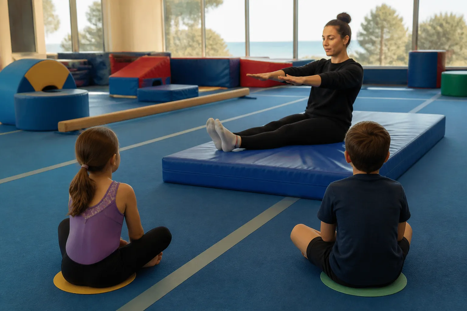 Children watching a coach demonstrate a landing position.