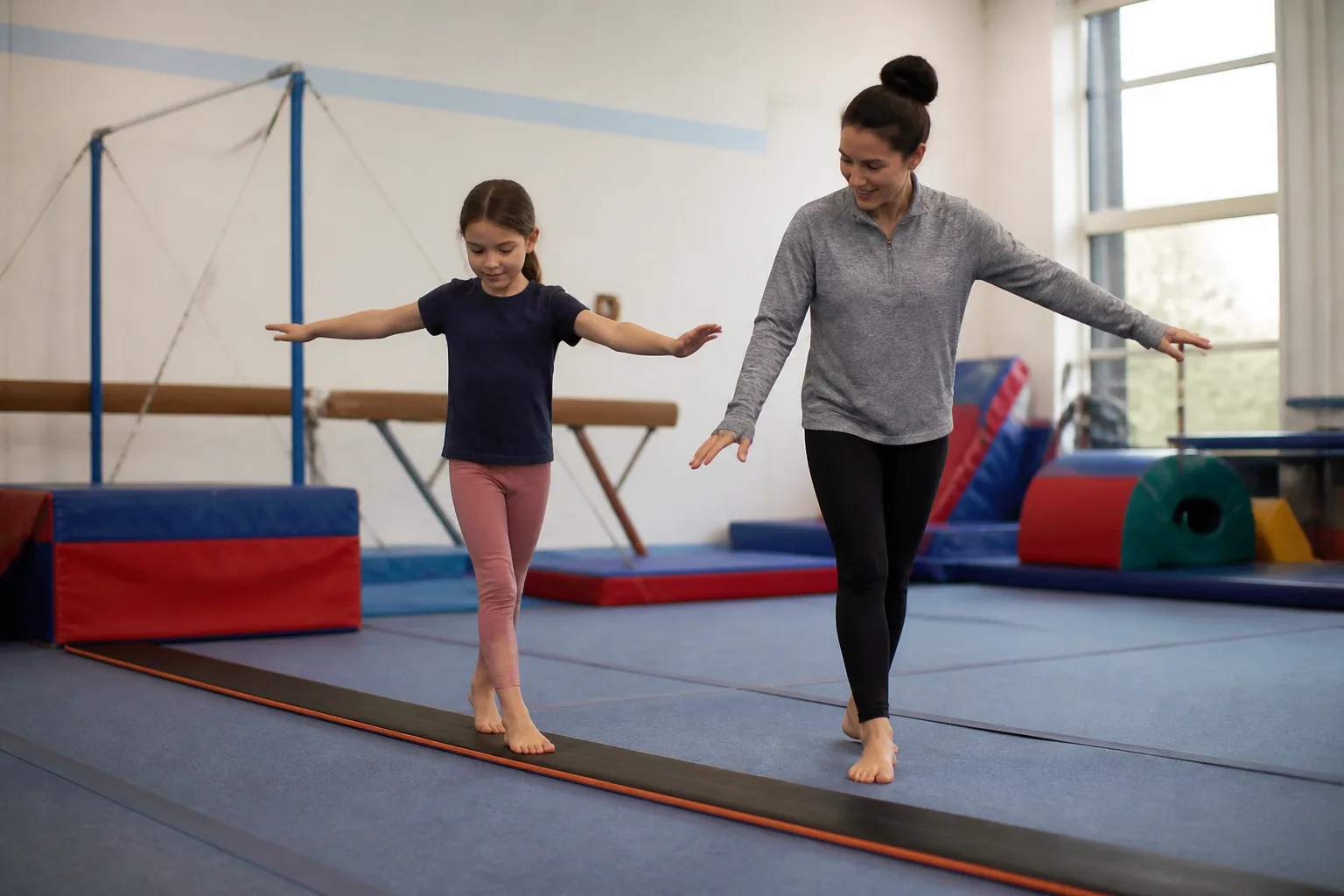 Child practising balance beside a gymnastics coach.