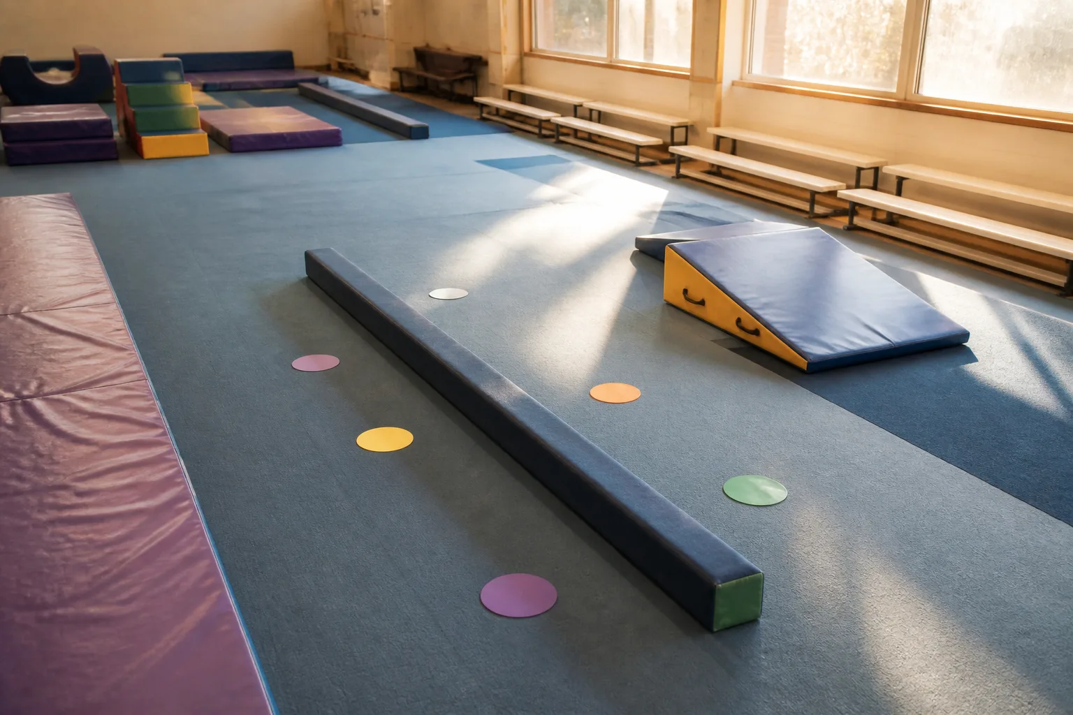 Low gymnastics equipment and empty spectator seating.