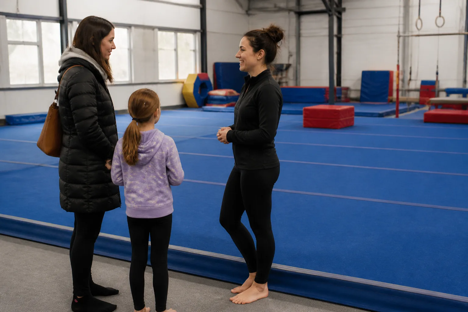 Child and caregiver speaking with a gymnastics coach before class.