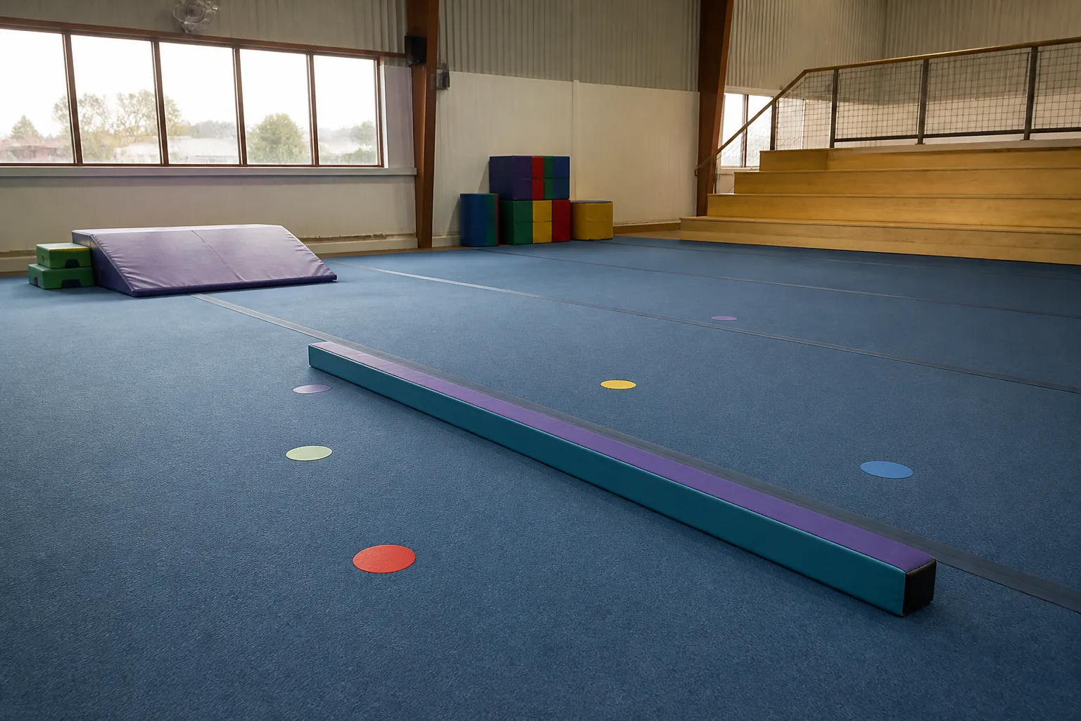 Low gymnastics equipment and empty spectator seating.