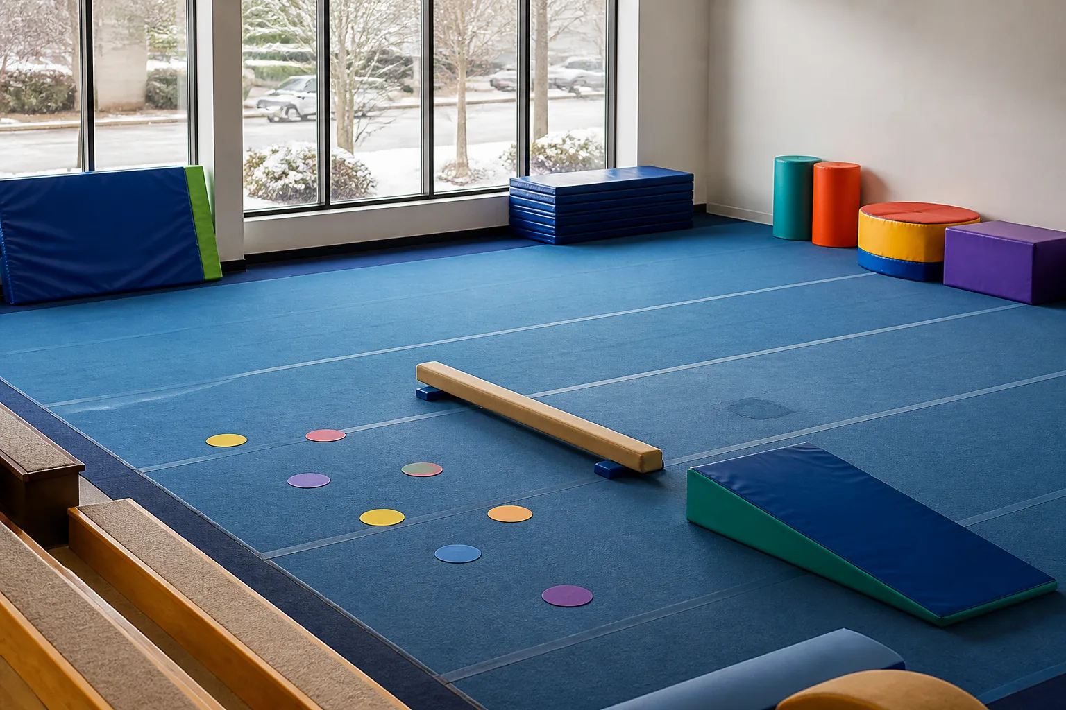 Low gymnastics equipment and empty spectator seating.