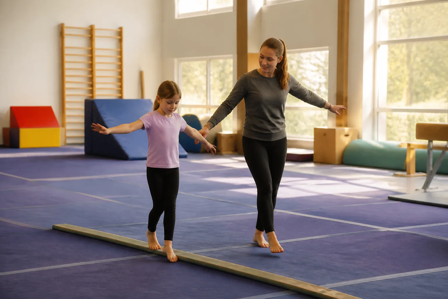 Child practising balance beside a gymnastics coach.