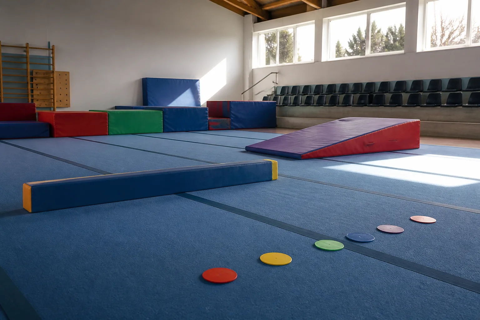 Low gymnastics equipment and empty spectator seating.