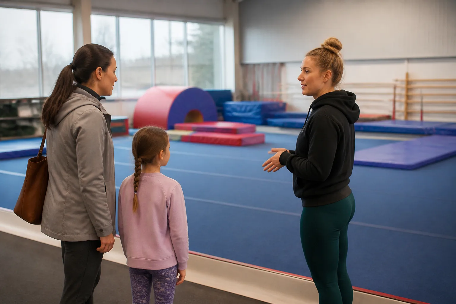 Child and caregiver speaking with a gymnastics coach before class.