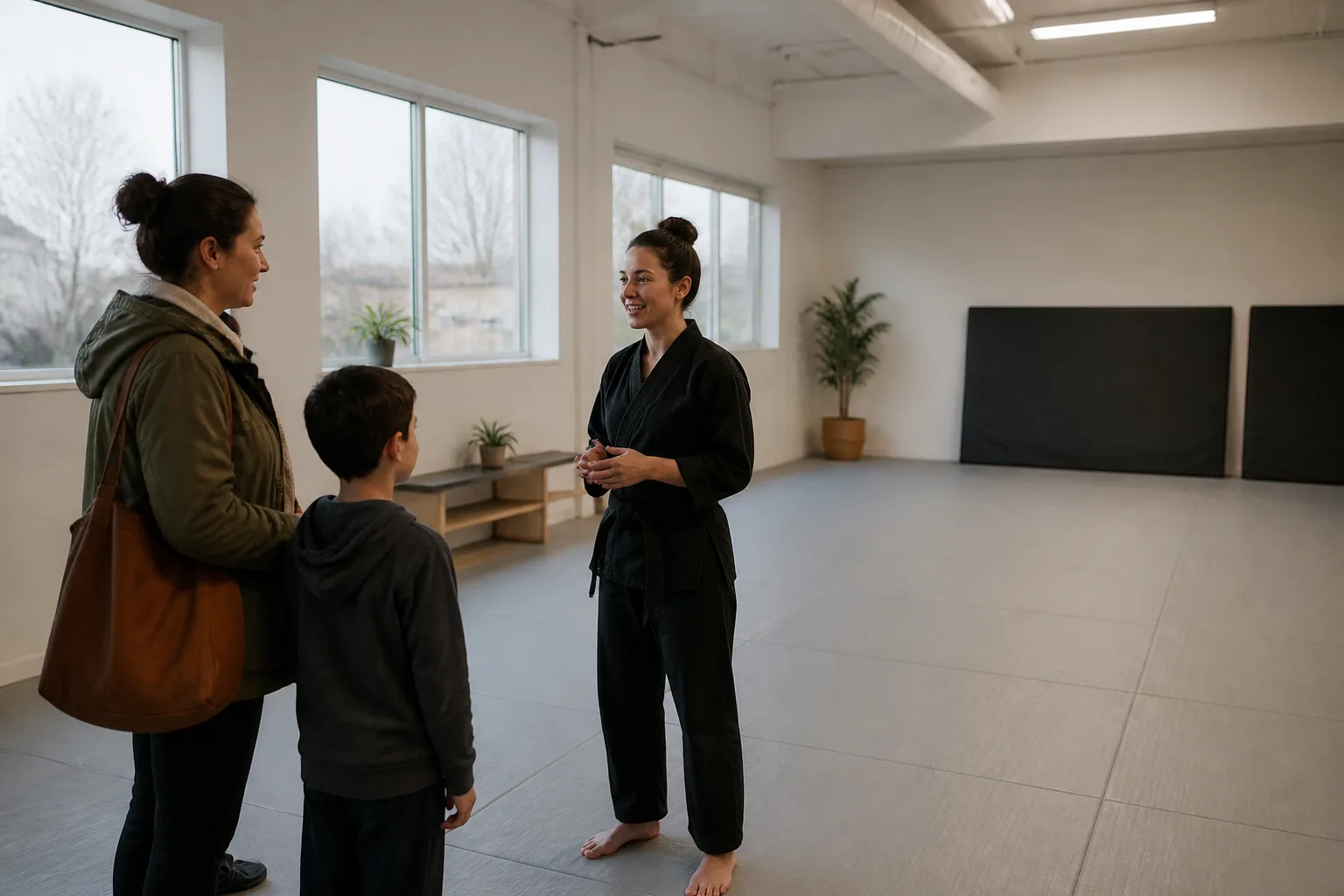 Child and caregiver speaking with a martial arts instructor.