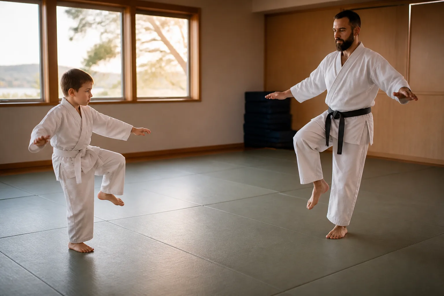 Child mirroring a balance stance in a martial arts class.