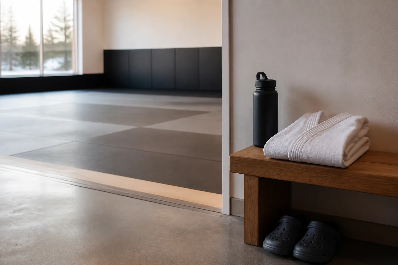 Plain training clothes and a water bottle beside a studio floor.