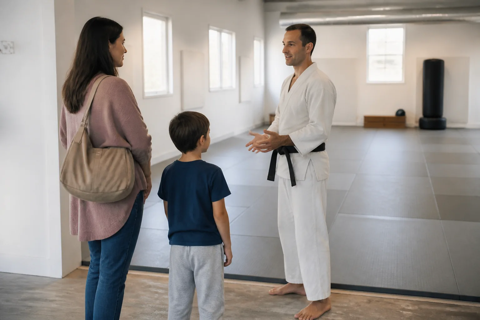 Child and caregiver speaking with a martial arts instructor.