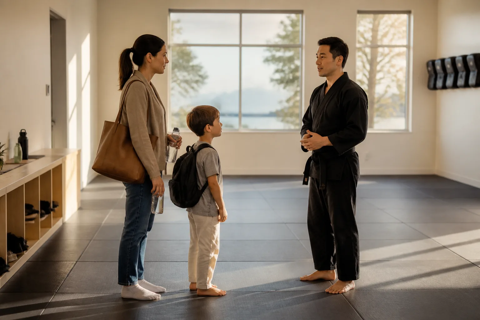 Child and caregiver speaking with a martial arts instructor.