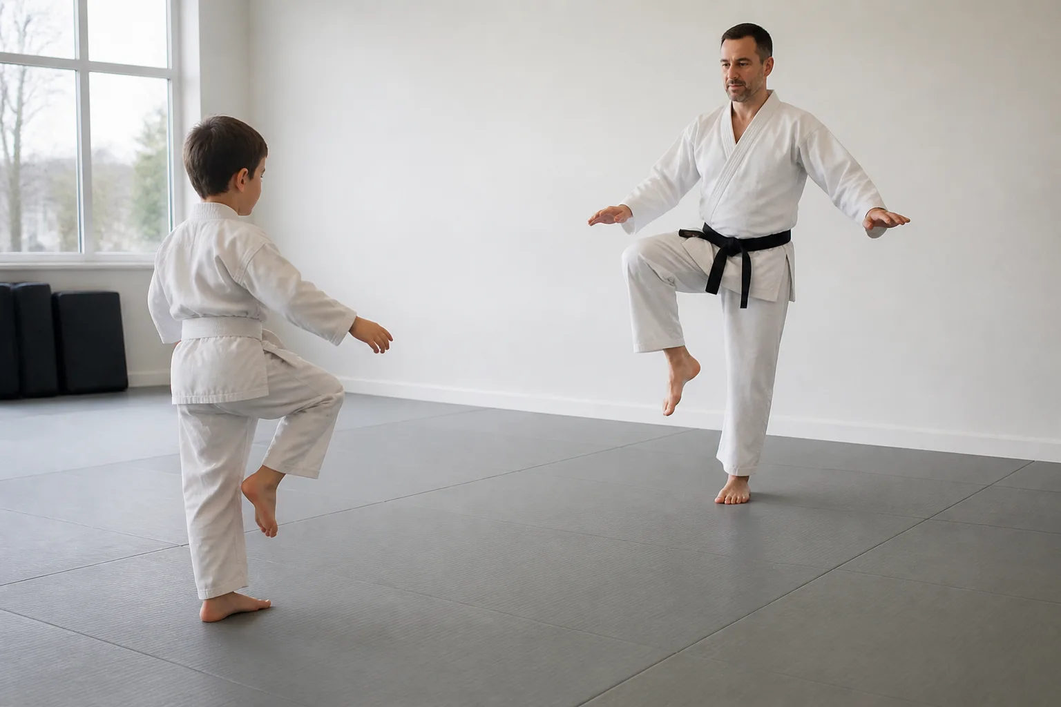 Child mirroring a balance stance in a martial arts class.