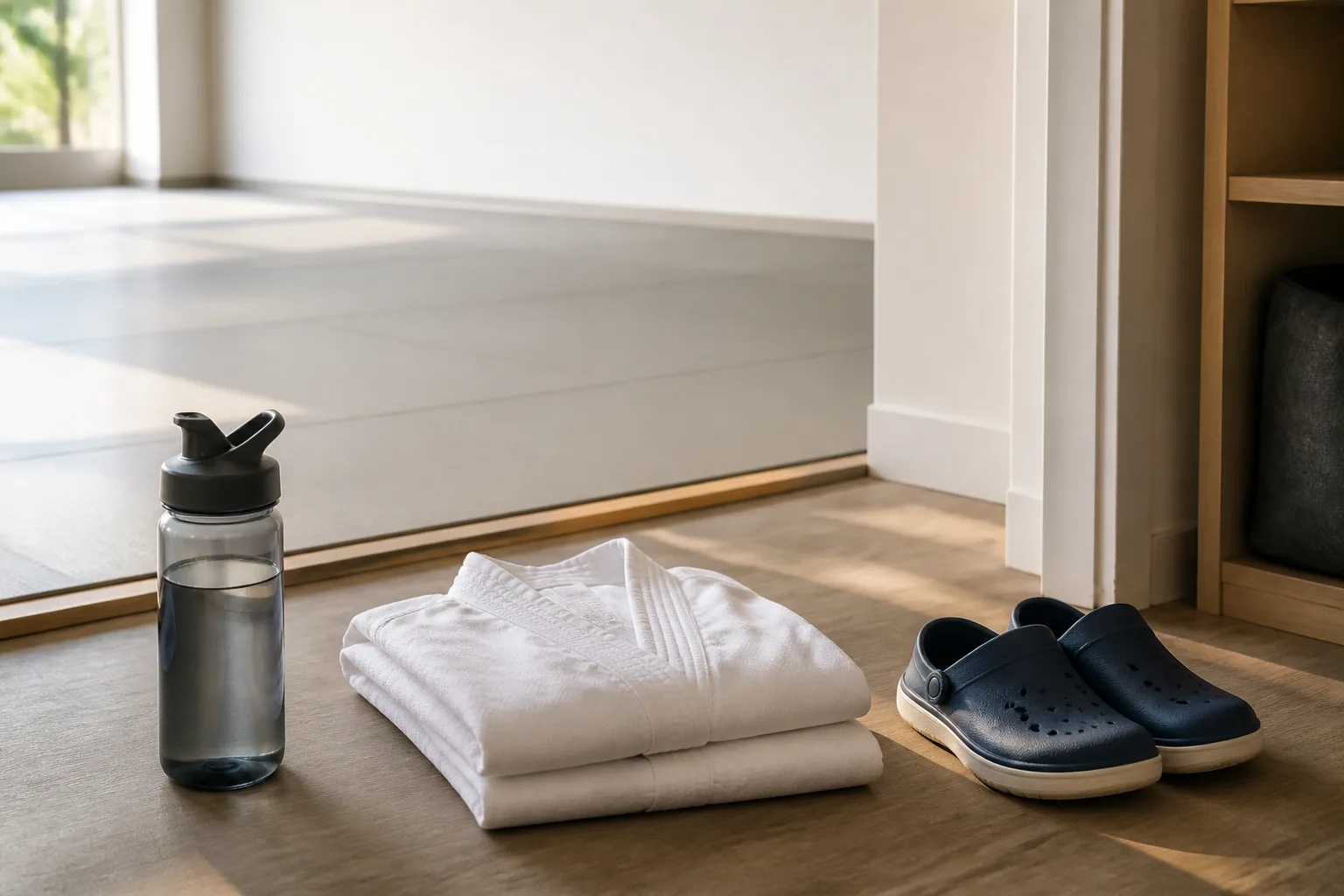 Plain training clothes and a water bottle beside a studio floor.