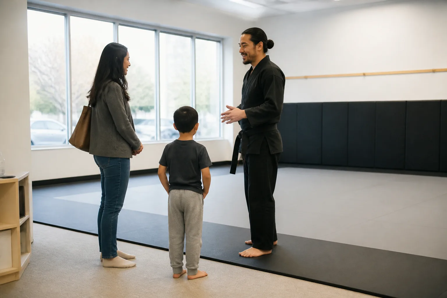 Child and caregiver speaking with a martial arts instructor.
