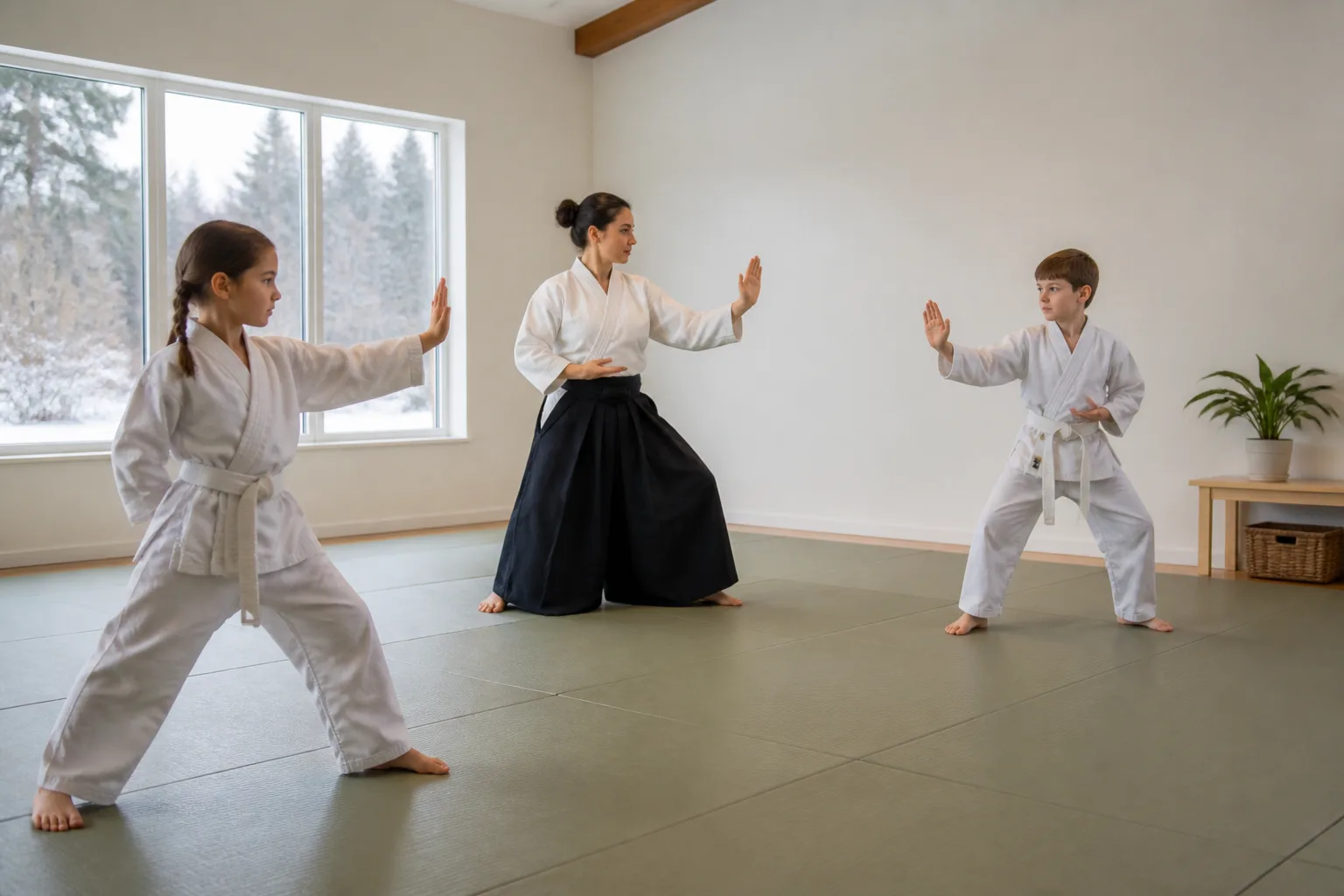 Children practising nonsparring stances with a martial arts instructor.